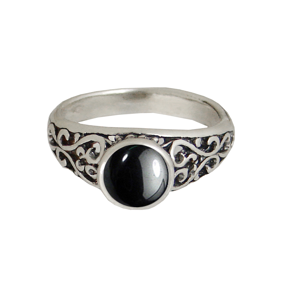 Sterling Silver Filigree Hearts Ring With Hematite Size 10
